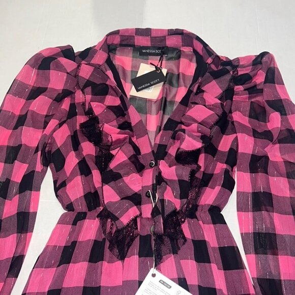 Vanessa Scott pink ruffle tunic dress tartan print long sleeves dress size L - Picture 4 of 13